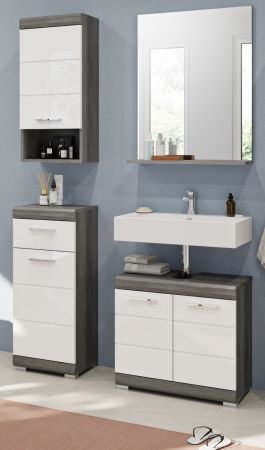 Badm�bel Set 4-teilig Shawn in wei� Hochglanz und Rauchsilber grau Badkombination 112 x 191 cm