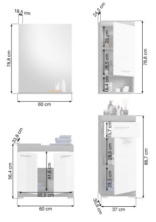 Badm�bel Set 4-teilig Shawn in wei� Hochglanz und Rauchsilber grau Badkombination 112 x 191 cm