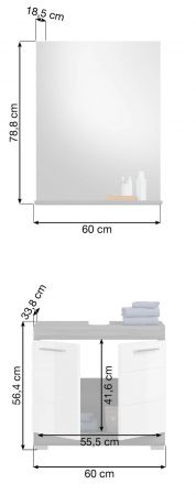 Badm�bel Set 2-teilig Shawn in wei� Hochglanz und Rauchsilber grau mit Waschbeckenunterschrank und Badspiegel 60 cm
