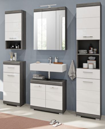 Badm�bel Set 5-teilig Shawn in wei� Hochglanz und Rauchsilber grau Badkombination 164 x 191 cm