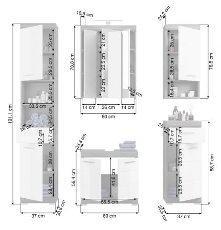 Badm�bel Set 5-teilig Shawn in wei� Hochglanz und Rauchsilber grau Badkombination 164 x 191 cm