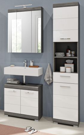 Badm�bel Set 3-teilig Shawn in wei� Hochglanz und Rauchsilber grau Badkombination 112 x 191 cm