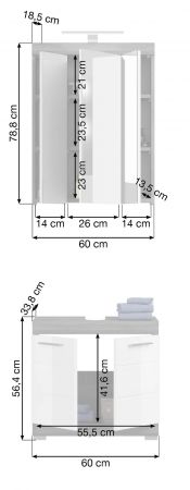 Badm�bel Set 2-teilig Shawn in wei� Hochglanz und Rauchsilber grau mit Waschbeckenunterschrank und Spiegelschrank 60 cm