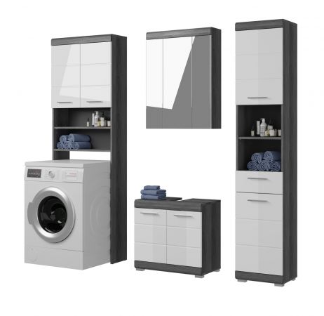 Badm�bel Set 4-teilig Shawn mit Waschmaschinenschrank in wei� Hochglanz und Rauchsilber grau 190 x 191 cm