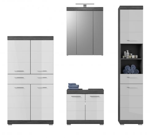 Badm�bel Set 4-teilig Shawn in wei� Hochglanz und Rauchsilber grau Badkombination 186 x 191 cm