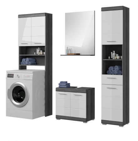 Badm�bel Set 4-teilig Shawn in wei� Hochglanz und Rauchsilber grau Badkombination 190 x 191 cm