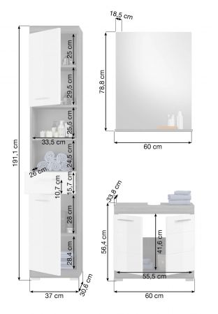 Badm�bel Set 4-teilig Shawn in wei� Hochglanz und Rauchsilber grau Badkombination 190 x 191 cm