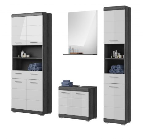 Badm�bel Set 4-teilig Shawn in wei� Hochglanz und Rauchsilber grau Badkombination 186 x 191 cm