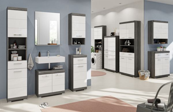 Badm�bel Set 4-teilig Shawn in wei� Hochglanz und Rauchsilber grau Badkombination 186 x 191 cm