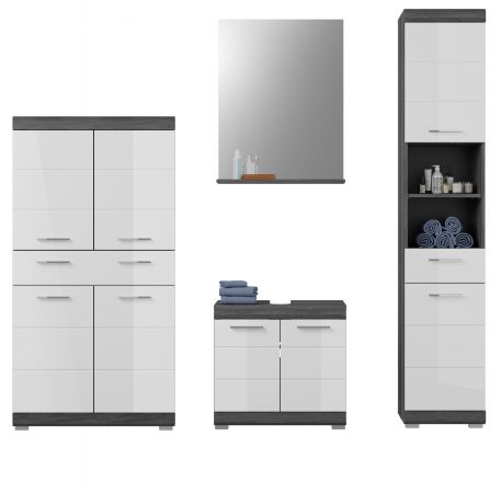 Badm�bel Set 4-teilig Shawn in wei� Hochglanz und Rauchsilber grau Badkombination 186 x 191 cm