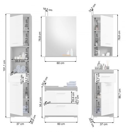 Badm�bel Set 5-teilig Shawn in wei� Hochglanz und Rauchsilber grau Badkombination 164 x 191 cm