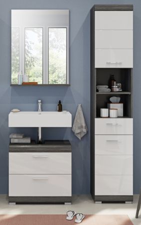 Badm�bel Set 3-teilig Shawn in wei� Hochglanz und Rauchsilber grau Badkombination 112 x 191 cm