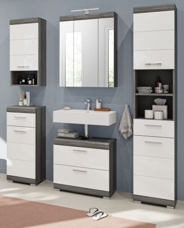 Badm�bel Set 5-teilig Shawn in wei� Hochglanz und Rauchsilber grau Badkombination 164 x 191 cm