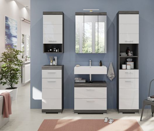 Badm�bel Set 5-teilig Shawn in wei� Hochglanz und Rauchsilber grau Badkombination 164 x 191 cm