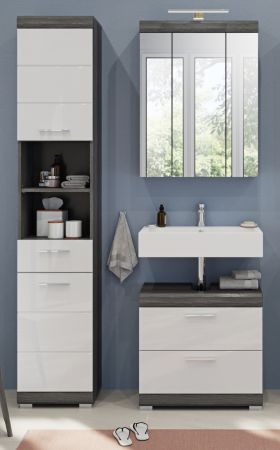 Badm�bel Set 3-teilig Shawn in wei� Hochglanz und Rauchsilber grau Badkombination 112 x 191 cm