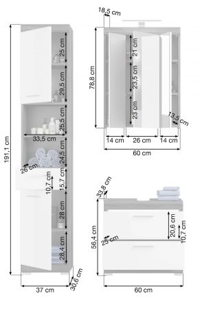 Badm�bel Set 3-teilig Shawn in wei� Hochglanz und Rauchsilber grau Badkombination 112 x 191 cm