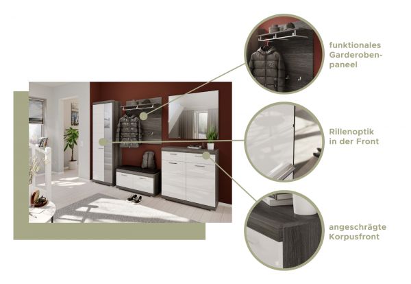 Garderobe Sitzbank Shawn in wei� Hochglanz und Rauchsilber grau Garderobenbank 90 x 44 cm