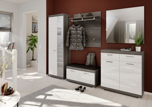 Garderobe Sitzbank Shawn in wei� Hochglanz und Rauchsilber grau Garderobenbank 90 x 44 cm