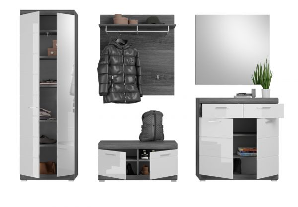 Garderobe Set 5-teilig Shawn in wei� Hochglanz und Rauchsilber grau Garderobenkombination 272 x 197 cm