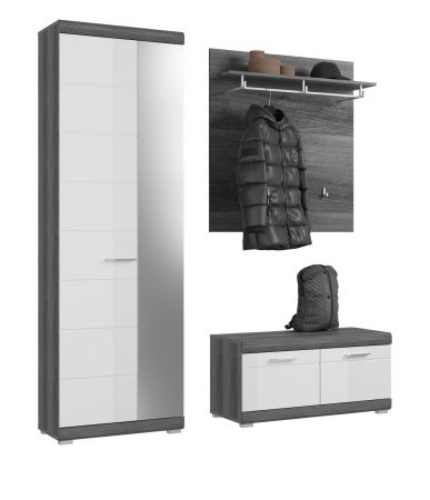 Garderobe Set 3-teilig Shawn in wei� Hochglanz und Rauchsilber grau Garderobenkombination 167 x 197 cm