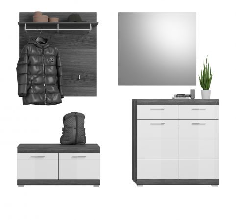 Garderobe Set 4-teilig Shawn in wei� Hochglanz und Rauchsilber grau Garderobenkombination 195 x 197 cm