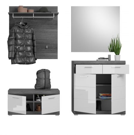 Garderobe Set 4-teilig Shawn in wei� Hochglanz und Rauchsilber grau Garderobenkombination 195 x 197 cm