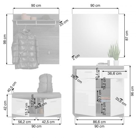 Garderobe Set 4-teilig Shawn in wei� Hochglanz und Rauchsilber grau Garderobenkombination 195 x 197 cm
