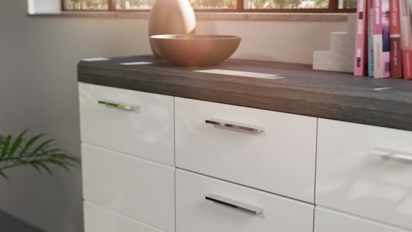 Kommode Shawn in wei� Hochglanz und Rauchsilber grau Sideboard 60 x 85 cm