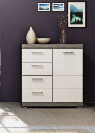 Kommode Shawn in wei� Hochglanz und Rauchsilber grau Sideboard 80 x 85 cm