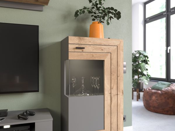 Vitrine Freno in Nox Eiche und Basalt grau matt Wohn- und Esszimmer Standvitrine 60 x 118 cm