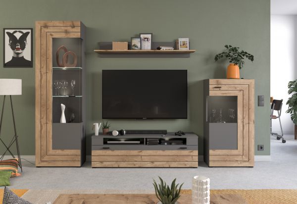 Vitrine Freno in Nox Eiche und Basalt grau matt Wohn- und Esszimmer Standvitrine 60 x 118 cm