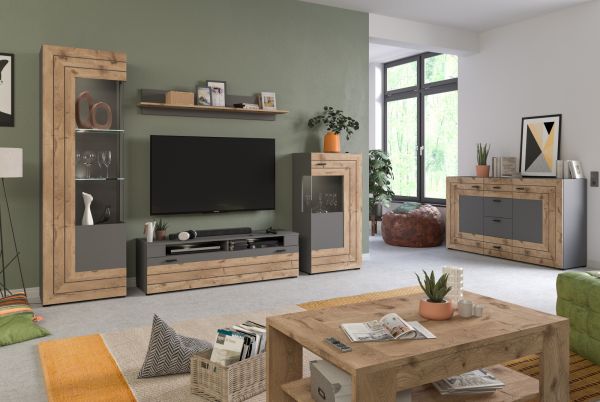 Vitrine Freno in Nox Eiche und Basalt grau matt Wohn- und Esszimmer Standvitrine 60 x 118 cm