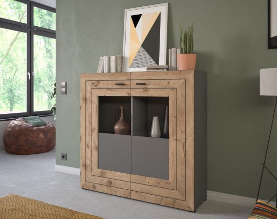 Highboard Freno in Nox Eiche und Basalt grau matt Wohn- und Esszimmer Anrichte 120 x 117 cm