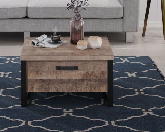 Couchtisch Concrete in Eiche Tabak und schwarz Beistelltisch mit 2 x Schubkasten 80 x 80 cm