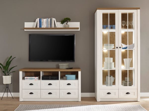 TV-Lowboard Seyne in wei� Pinie und Eiche hell Landhaus TV Unterteil mit Komforth�he 130 x 68 cm