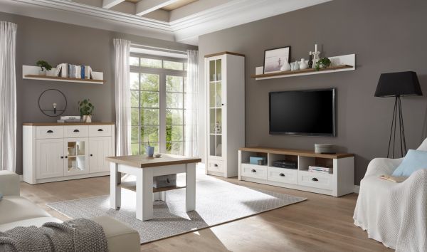 TV-Lowboard Seyne in wei� Pinie und Eiche hell Landhaus TV Unterteil 160 x 47 cm