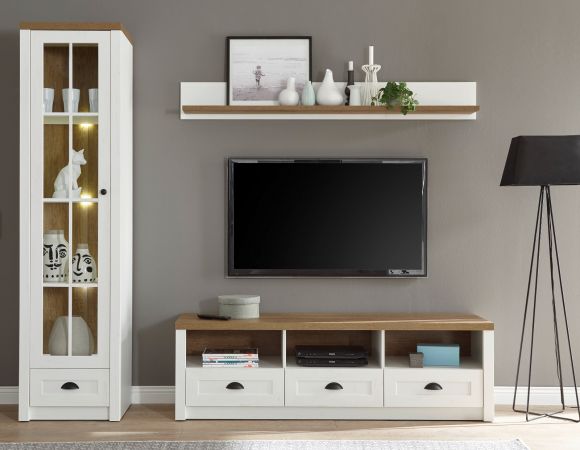 Wohnwand Seyne in wei� Pinie und Eiche hell Landhaus Wohnkombination 3-teilig 230 x 198 cm