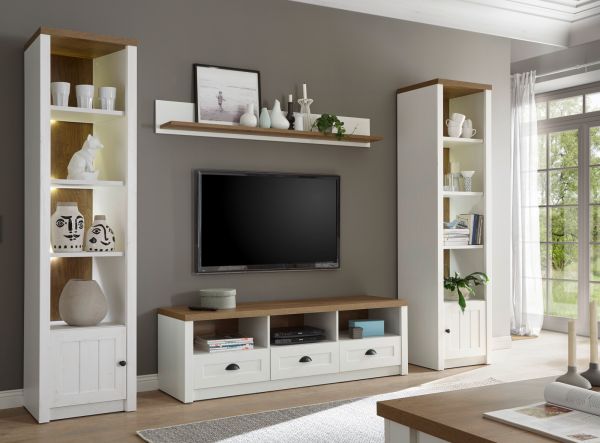 Wohnwand Seyne in wei� Pinie und Eiche hell Landhaus Wohnkombination 4-teilig 300 x 198 cm