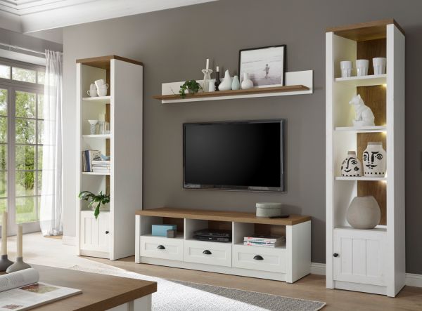 Wohnwand Seyne in wei� Pinie und Eiche hell Landhaus Wohnkombination 4-teilig 300 x 198 cm