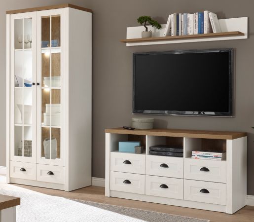Wohnwand Seyne in wei� Pinie und Eiche hell Landhaus Wohnkombination 3-teilig 240 x 198 cm