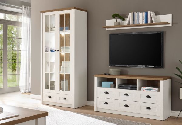 Wohnwand Seyne in wei� Pinie und Eiche hell Landhaus Wohnkombination 3-teilig 240 x 198 cm