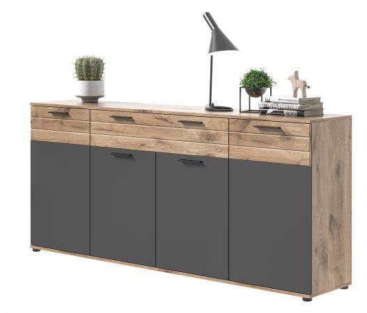 Sideboard Tomaso in Nox Eiche und Basalt Grau, 4-t�rige Kommode 200 x 91 cm mit Soft-Close