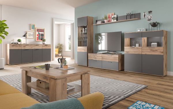 Sideboard Tomaso in Nox Eiche und Basalt Grau, 4-t�rige Kommode 200 x 91 cm mit Soft-Close