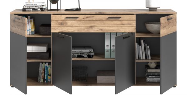 Sideboard Tomaso in Nox Eiche und Basalt Grau, 4-t�rige Kommode 200 x 91 cm mit Soft-Close