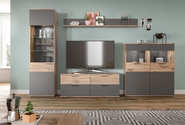 Wandboard Tomaso in Nox Eiche und Basalt grau Wandregal 180 cm B�cherregal