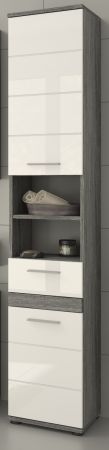 Badezimmer Hochschrank Bailey in wei� Hochglanz und Rauchsilber grau Badschrank 35 x 191 cm