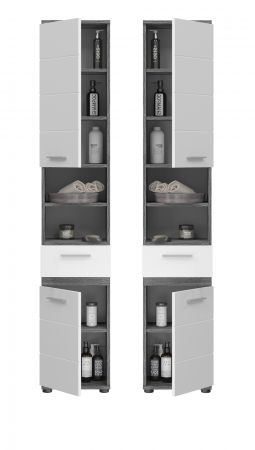 Badezimmer Hochschrank Bailey in wei� Hochglanz und Rauchsilber grau Badschrank 35 x 191 cm