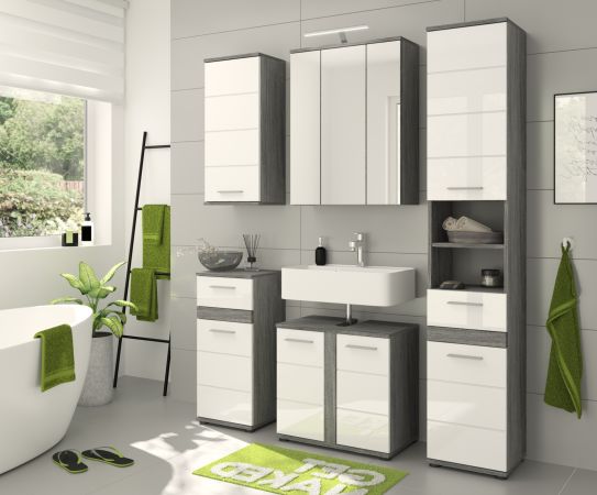 Badezimmer H�ngeschrank Bailey in wei� Hochglanz und Rauchsilber grau Badschrank 35 x 77 cm