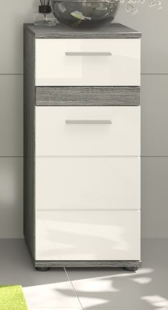 Badezimmer Kommode Bailey in wei� Hochglanz und Rauchsilber grau Badschrank 35 x 79 cm
