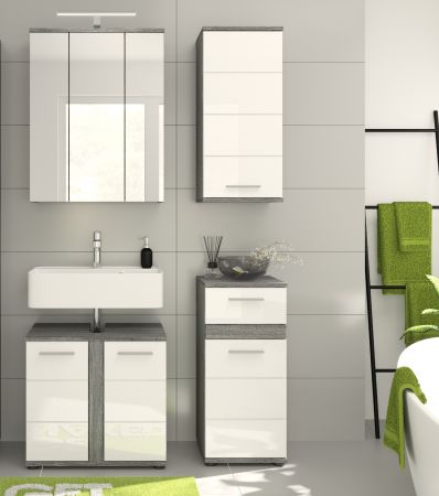 Badezimmer Kommode Bailey in wei� Hochglanz und Rauchsilber grau Badschrank 35 x 79 cm